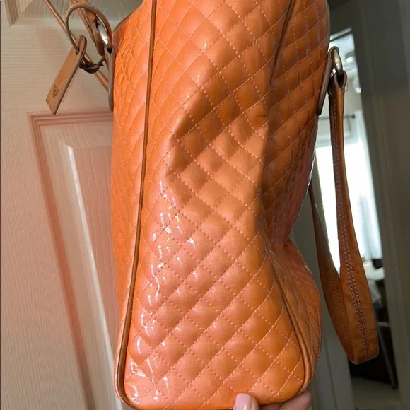 Consuela Orange Quilted Tote with Brown  Leather Accents, patent coated - Picture 8 of 10